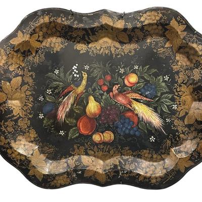 LARGE ANTIQUE HAND PAINTED PHEASANTS TOLE TRAY