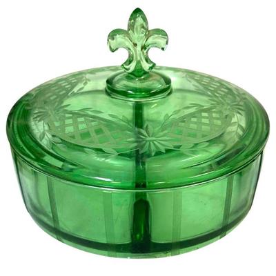 FOSTORIA ROYAL GREEN URANIUM 3 PART GLASS CANDY DISH