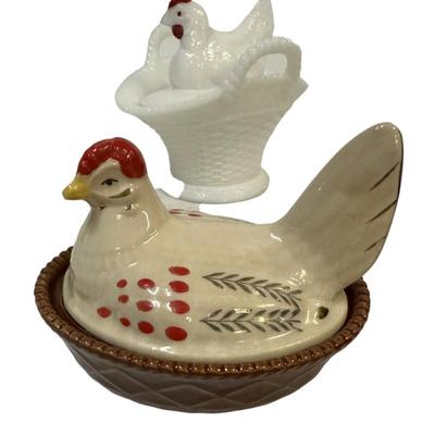 WESTMORELAND MILK GLASS HEN & VINTAGE CERAMIC HEN ON NEST
