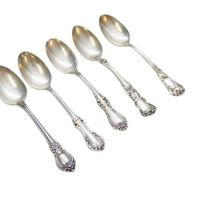 5 ANTIQUE ORNATE STERLING TEASPOONS