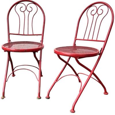 PAIR OF VINTAGE WROUGHT IRON FOLDING BISTRO GARDEN CHAIRS