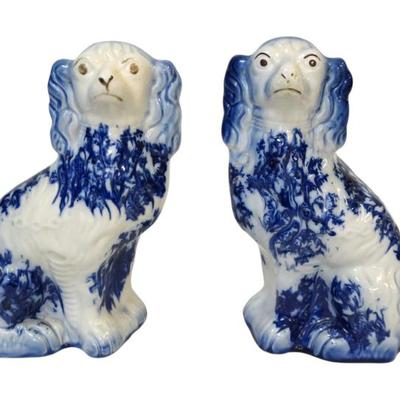 2 LARGE BLUE & WHITE STAFFORDSHIRE SPANIELS