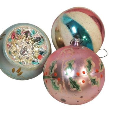 3 LARGE VINTAGE SHINY BRITE GLASS ORNAMENTS