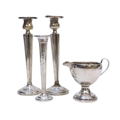 4 PC STERLING CANDLESTICKS, CREAMER, VASE