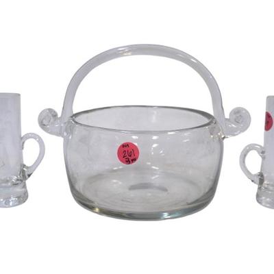 ETCHED HAND BLOWN GLASS BOWL AND GLASSES