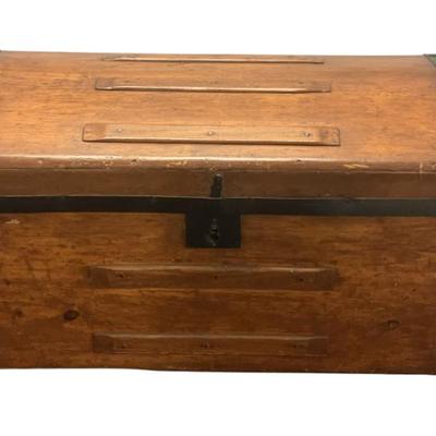 PRIMITIVE PINE CHEST WITH METAL TRIM