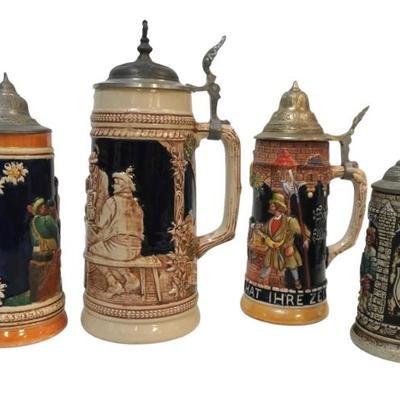 4 VINTAGE GERMAN BEER STEINS WITH PEWTER LIDS