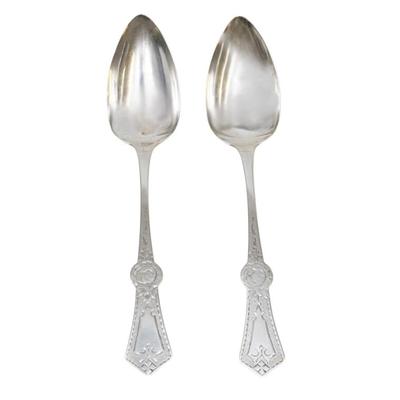2 ORNATE J. SANDERS COIN SILVER SERVING SPOONS