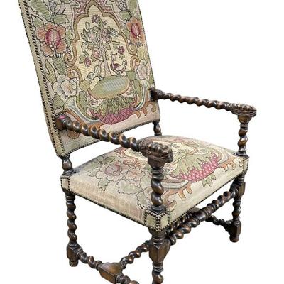 ANTIQUE ENGLISH OAK BARLEY TWIST TAPESTRY CHAIR