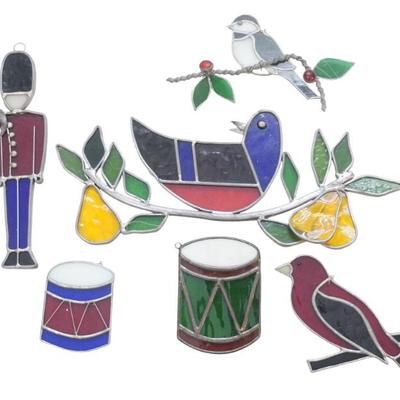 6 VINTAGE HOLIDAY MOTIF STAINED GLASS SUNCATCHERS