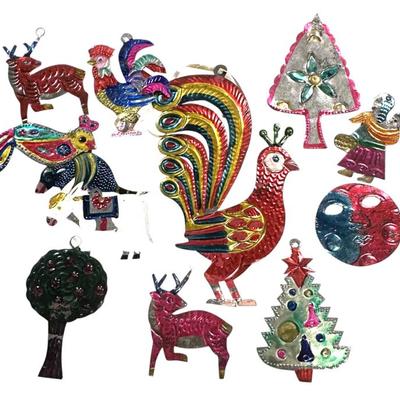 12 VINTAGE MEXICAN FOLK ART PAINTED TIN ORNAMENTS