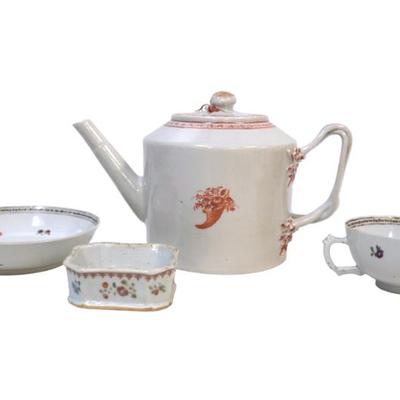 4 PC ANTIQUE CHINESE EXPORT CANTON TEAPOT +
