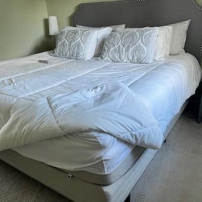 Sleep Number King mechanical split.  Headboard and  frame upholstered nail head trim