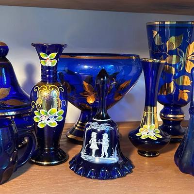 Cobalt Blue Glass Items Including Swung Vase & Gold Leaf Collection