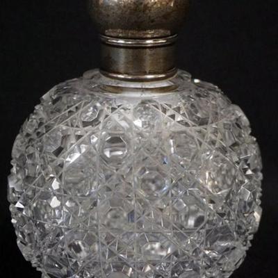1154	ANTIQUE CUT GLASS PERFUME BOTTLE WITH HALL MARKED SILVER LID AND COLLAR, APPROXIMATELY 5 1/2 IN H, NO STOPPER
