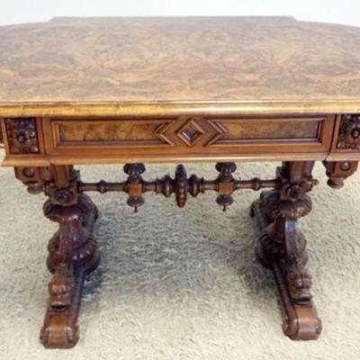 1268	OUTSTANDING ANTIQUE BURL WOOD CARVED TABLE WITH SWAN HEADS, APPROXIMATELY 56 IN X 34 IN X 30  IN H
