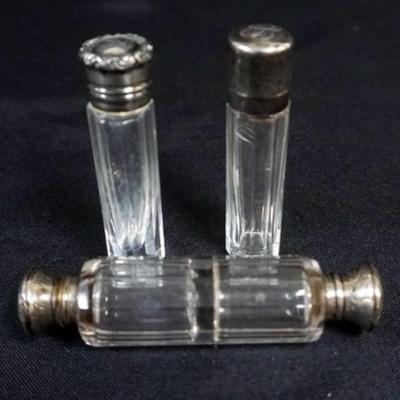 1176	GROUP OF 3 SILVER LID AND GLASS LADIES SCENT PERFUME BOTTLES INCLUDING 1 DOUBLE, LARGEST APPROXIMATELY 4 IN
