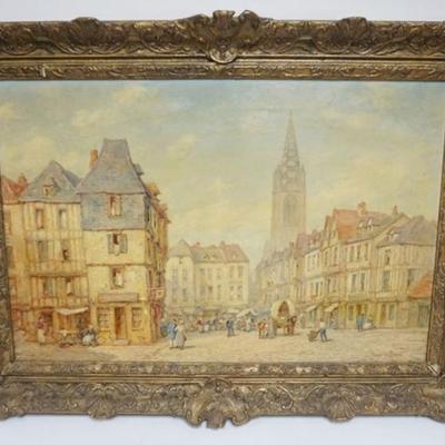 1116	OIL PAINTING ON CANVAS ARTIST SIGNED PIERRE LE BOEUFF, STREET SCENE, SOME LOSS TO FRAME, APPROXIMATELY 37 IN X 27 IN OVERALL
