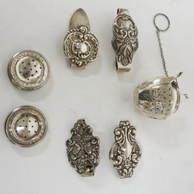 1229	STERLING SILVER GROUP ASSORTED CLASPS, TEA STRAINER AND SCENT HOLDERS, 3.4 OZT
