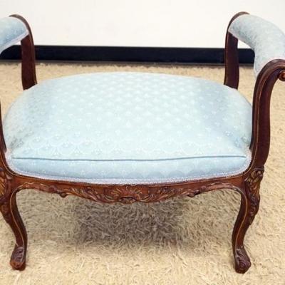 1265	CARVED UPHOLSTERED BENCH WITH SCROLLED ARMS, APPROXIMATELY 31 IN X 20 IN X 24 IN H
