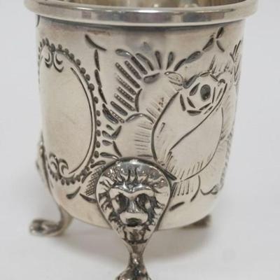 1204	STERLING SILVER B & M HAND CHASED FOOTED CUP, LIONS HEADS AND PAW FEET, 2.2 OZT
