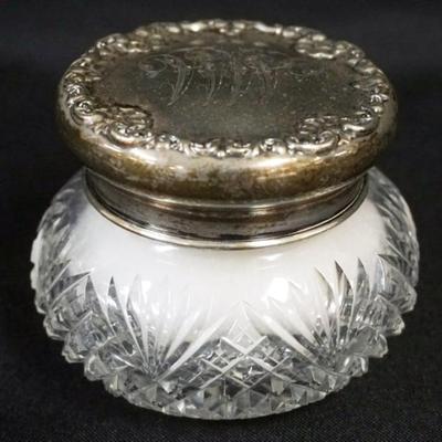 1144	ANTIQUE STERLING SILVER & CUT GLASS DRESSER BOX W/GROUND & POLISHED BASE, APPROXIMTELY 3 1/2 IN X 3 IN HIGH
