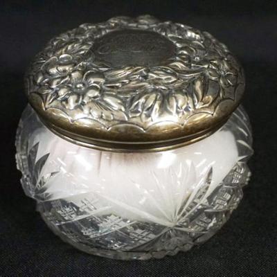 1145	ANTIQUE STERLING SILVER & CUT GLASS DRESSER BOX W/GROUND & POLISHED BASE, APPROXIMATELY 4 IN X 3 IN
