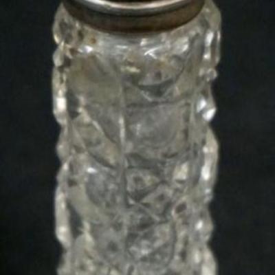 1170	REPOUSSE STERLING SILVER AND AMYTHYST JEWELED HINGED TOP CUT GLASS PERFUME BOTTLE, APPROXIMATELY 3 1/4 IN H

