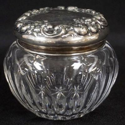 1140	ANTIQUE STERLING SILVER & CUT GLASS DRESSER JAR, GROUND & POLISHED BASE, APPROXIMATELY 3 1/2 IN X 3 1/4 IN
