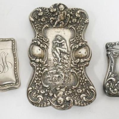 1212	2 STERLING SILVER MATCH SAFES AND STERLING REPOUSSE TRAY, 2.1 OZT
