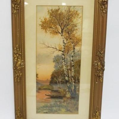 1114	FRAMED COLORED LITHOGRAPH OF BIRCH TREES ALONG WOODED STREAM, APPROXIMATELY 16 IN X 28 IN OVERALL
