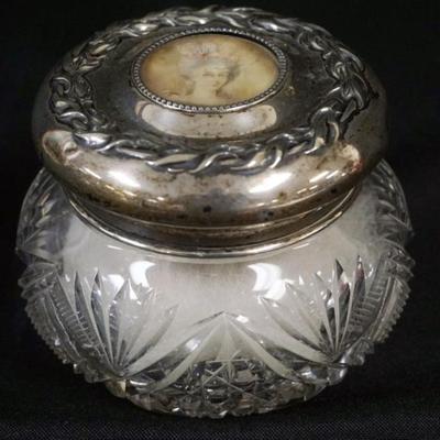 1142	STERLING SILVER & CUT GLASS DRESSER BOX, LID HAS PORTRAIT IN CENTER, APPROXIMATELY 4 IN X 3 3/4 IN HIGH
