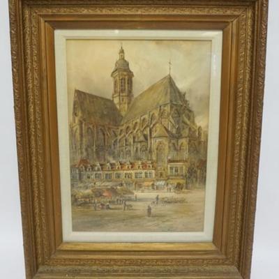 1115	HY CARLTON SIGNED WATERCOLOR OF ST PETERS CHURCH, FRAMED UNDER GLASS, APPROXIMATELY 23 IN X 29 IN OVERALL
