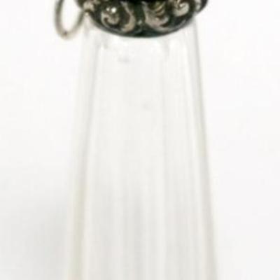 1169	REPOUSSE STERLING SILVER AND AMYTHYST JEWELED HINGED TOP CUT GLASS PERFUME BOTTLE, APPROXIMATELY 3 1/2 IN H
