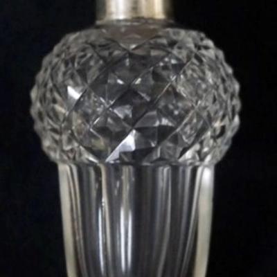 1166	SILVER HALLMARKED LID ACORN SHAPED CUT GLASS PERFUME, APPROXIMATELY 3 IN WITH GLASS STOPPER
