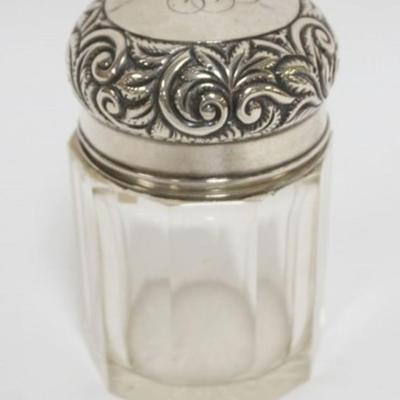 1148	ANTIQUE STERLING SILVER HINGED LID DRESSER BOX WITH INTERIOR GLASS STOPPER, APPROXIMATELY 2 1/2 IN X 4 IN H
