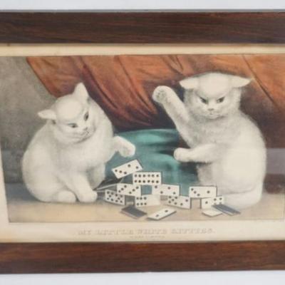 1111	FRAMED CURRIER & IVES *MY LITTLE WHITE KITTIES* APPROXIMATELY 12 IN X 18 IN
