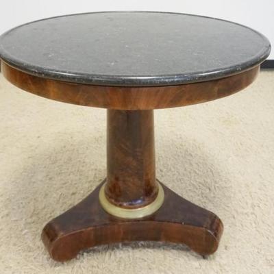 1251	BIEDERMEIER MARBLE TOP TABLE WITH COLUMN CENTER AND BRONZE RING TRIM ON BOTTOM, APPROXIMATELY 32 IN X 31 IN H
