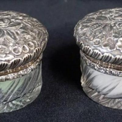 1146	PAIR OF ANTIQUE STERLING SILVER & CUT GLASS DRESSER BOXES, EACH APPROXIMATELY 3 IN X 2 IN HIGH
