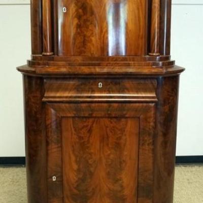 1262	BIEDERMEIER 2 PART BURL WOOD CORNER CUPBOARD WITH CORINTHIAN COLUMNS, 2 DOORS AND 1 DRAWER AND MOTHER OF PEARL ESCUTHEONS,...