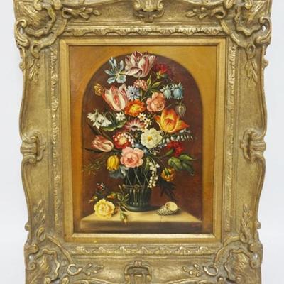 1117	CONTEMPORARY ARTIST SIGNED FLORAL STILL LIFE ON BOARD, APPROXIMATELY 19 IN X 23 IN OVERALL
