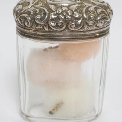 1147	ANTIQUE SILVER LID OVAL DRESSER JAR, APPROXIMATELY 3 IN X 2 IN X 4 IN H
