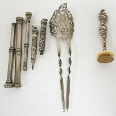 1228	SILVER PENCILS AND STERLING HAIR COMB, 2.2 OZT TOTAL
