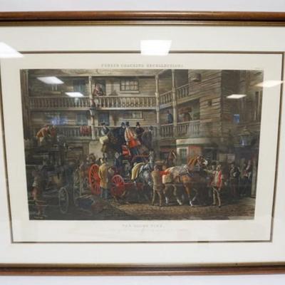 1109	LARGE FRAMED ENGRAVING, COACH SCENE TITLED *THE OLDEN TIME* BY J HARRIS, APPROXIMATELY 39 IN X 31 IN OVERALL
