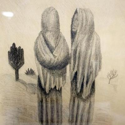 1128	FRAMED PRINT OF 2 CLOAKED PEOPLE W/CATUS IN BACKGROUND, TITLED & ARTIST SIGNED, APPROXIMATELY 14 IN X 20 IN OVERALL
