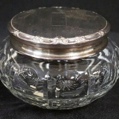 1143	ANTIQUE STERLING SILVER & CUT GLASS DRESSER BOX W/GROUND & POLISHED BASE, APPROXIMTELY 4 1/2 IN X 3 IN HIGH
