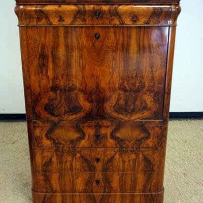 1264	BIEDERMEIER BURL WOOD ABATANT FALL FRONT SECRETARY DESK WITH BIRDS EYE & GEOMETRIC INLAID INTERIOR, HAVING 3 DRAWERS,...