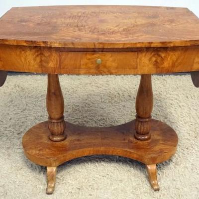 1245	BIEDERMEIER 1 DRAWER DROP LEAF TABLE WITH BURLED WOOD QUARERED BOOKMATCH TOP, APPROXIMATELY 38 IN X 24 IN X 31 IN, EACH DROP...