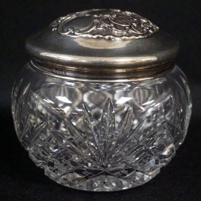 1139	ANTIQUE STERLING SILVER & CUT GLASS DRESSER JAR, GROUND & POLISHED BASE, APPROXIMATELY 4 IN X 3 1/2 IN

