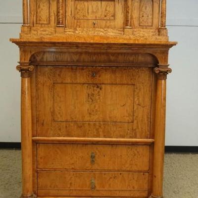 1257	2 PIECE BIEDERMEIER ABATANT FALL FRONT DESK WITH CORINTHIAN COLUMNS AND CENTER DOOR AND 3 DRAWERS, APPROXIMATELY 48 IN X 27 IN X 83...